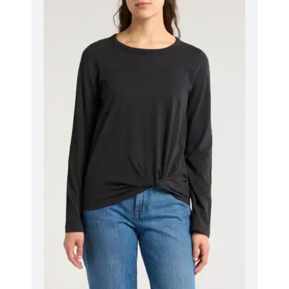 Madewell Womens Black Twist Front Long Sleeve Cotton Tee Shirt Size M Minimalist